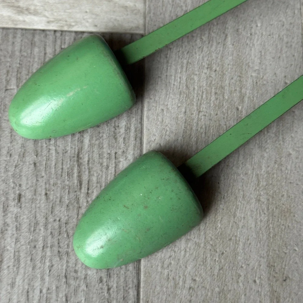 Vintage Green Wood and Metal Adjustable Shoe Trees Pair Mid Century Retro 11.5